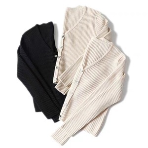 Cárdigan de Cachemira para Mujer, Cuello en V, Tejido Acanalado, Corte Ajustado, Estilo Corto, Color Beige Claro Sólido - Product Image 3