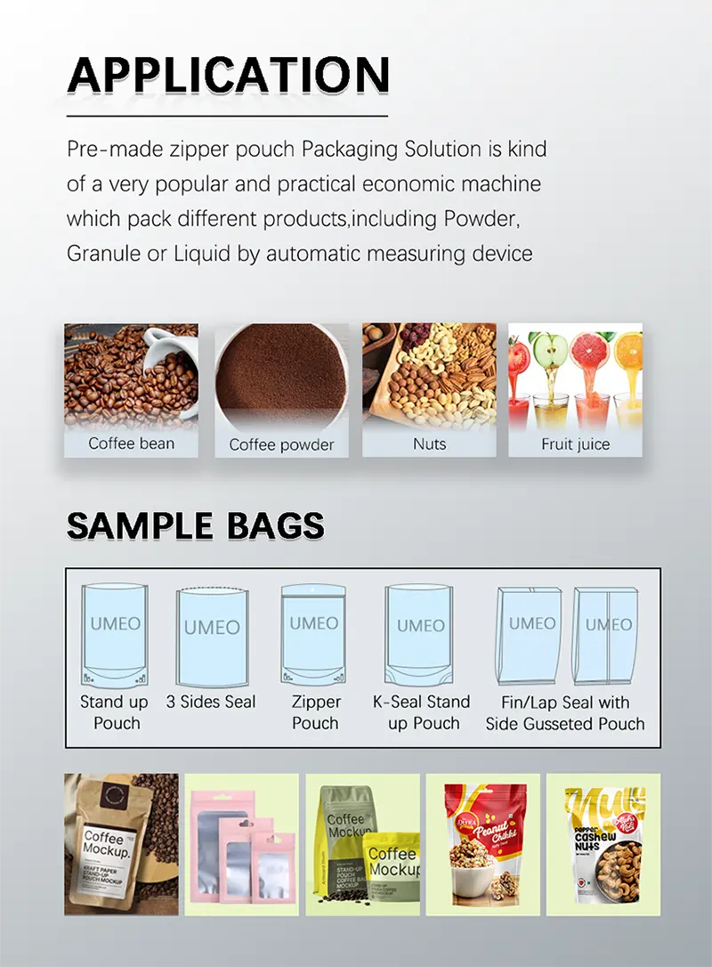 Polvo de gránulos Pesar Llenado Sellado Impresión Embalaje Gusset Bag Mini Doypack Stand Up Zipper Bolsa prefabricada Máquina de envasado de alimentos