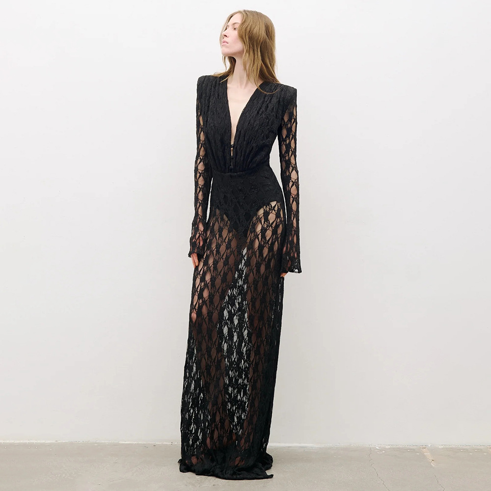Black Long Sleeve Transparent Dress - 2025 Long Black Dress