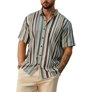 Chemises hawaïennes décontractées à manches courtes et col montant rayées pour hommes, personnalisables avec logo, respirantes, ODM - Product Image 1
