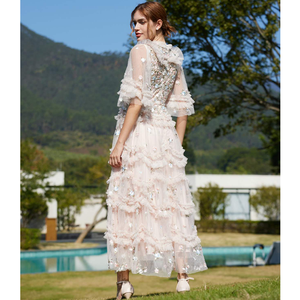 Dulce elegante vestido de cintura media Europeo Americano punto bordado malla <span class=keywords><strong>rosa</strong></span> hasta la rodilla mariposa XS para organizar banquetes fiestas - Product Image 3