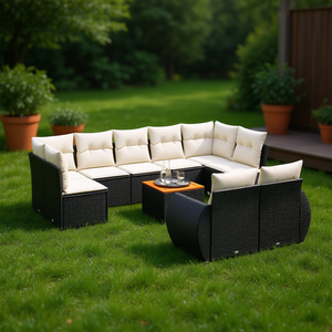 Black And Cream <b>Garden</b> <b>Sofa</b> Set With Cushions Outdoor Furniture UV Resistant PE Rattan Contemporary Design Waterproof - Product Image 2