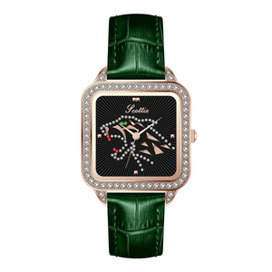 Reloj de pulsera de cuarzo de lujo para mujer, con esfera cuadrada en oro rosa, bisel de cristal, esfera con diseño de pavo real, correa de cuero verde y diamantes. - Product Image 1
