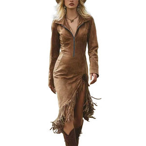 Vestido Midi de Gamuza Estilo Vaquero Vintage para Mujer, con Flecos, Manga Larga, Cuello Solapa, Cierre, Dobladillo Irregular y Corte Ajustado - Product Image 6
