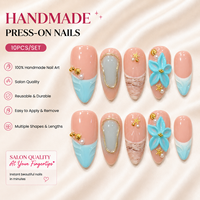 Faux ongles en acrylique faits main de qualité supérieure, motif floral 3D bleu, avec French manucure rose nude, réutilisables, logo personnalisé, vente en gros
