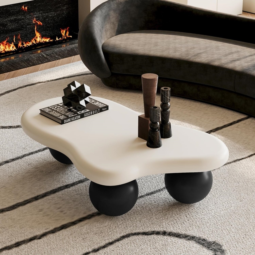 Nordic Minimalist Cream White Coffee Table – Scandinavian Wooden Tea Table with Unique Black Ball Base for Modern Living Room - View 2