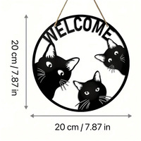 Panneau de bienvenue en bois pour chat, style campagnard américain, impression trois chats noirs, 20x20cm, décoration murale créative pour salon et chambre
