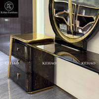 Luxuriöser Designer-Schminktisch aus Burlholz mit Schubladen & Rundem Gold-Kunstspiegel, Italienischer Stil Kosmetiktisch für Villa-Schlafzimmer