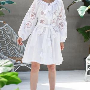 Vestido de Lino y Algodón Personalizable, Elegante, Cuello en V, Casual, Corte en A, Manga Larga, Midi, Vestido de Verano para Mujer - Product Image 1