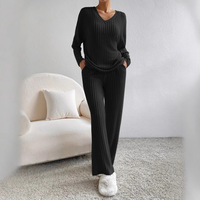 Pyjama d'hiver épais Vêtements de maison Mode féminine Pantalon droit décontracté Col en V solide anti-boulochage Tricoté Long