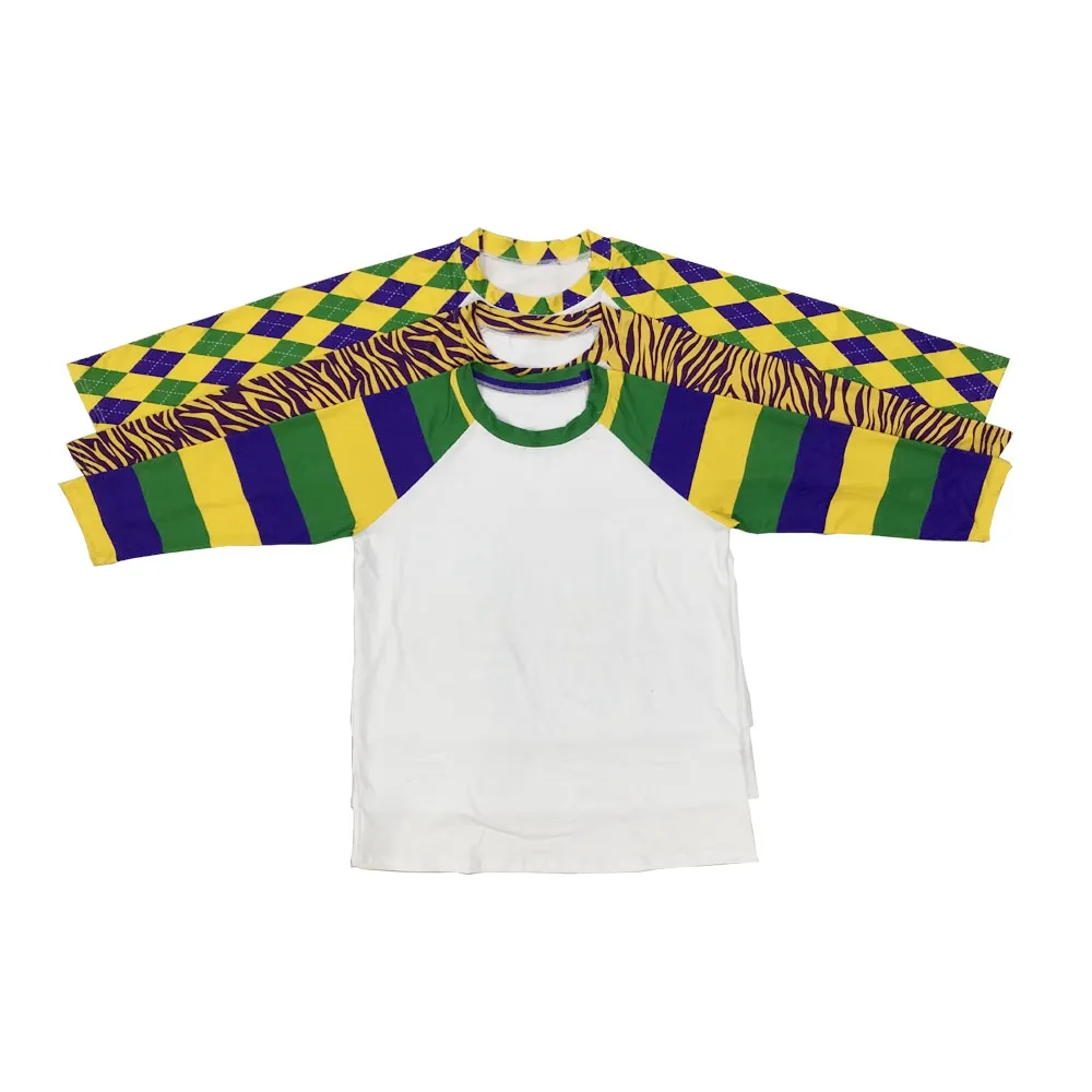 Commercio all'ingrosso di latte di seta degli uomini di camicie viola oro verde della miscela strisce raglan 3/4 manica Mardi Gras per adulti di sesso maschile top camicie