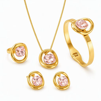 Ensemble de bijoux en acier inoxydable 316L doré avec zircone cubique taille coussin, serti clos rose organique, comprenant collier, bracelet, boucles d'oreilles et bague, pour femme, personnalisable OEM