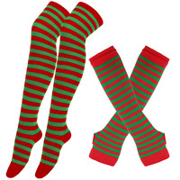 Drôle Cosplay danse sur le genou cuisse haute coloré nouveauté confortable équipage plaine noël 3 rayé chaussettes gants ensemble bas
