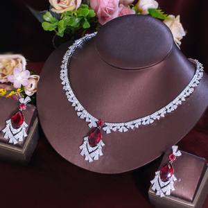 Precioso Conjunto de Joyería de Circonia Cúbica Roja, Collar y Aretes, para Novia, Banquete, Fiesta, Compromiso, Joyería de Lujo para Mujer - Product Image 4