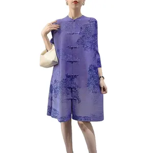 2024 Spring New Miyake Pleated Printing Dress Chinese Style Stand Collar Cheongsam Buckle Loose Fashion Elegant Casual Free Size