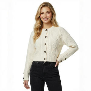 קרדיגן נשים איכותי, סריג רך, ויסקוזה/כותנה, נגד כדוריות, צווארון עגול, חד-כפתורי, סתיו, לוגו קדמי - Product Image 4