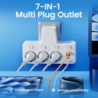 Enchufe de Extensión ODM EU 7 en 1 con 3 Tomas Schuko, 2 USB-A, 2 USB-C, Interruptor Independiente y Protección Contra Sobrecarga para Uso en Hogar y Oficina