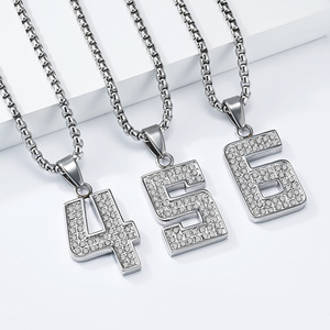 Unisex street style number pendant hip-hop style <b>titanium</b> steel gold-plated full diamond necklace, niche and high-end. - Product Image 2