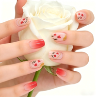 24 faux ongles à presser, longs, carrés, motif cerise, réutilisables, style doux et féminin