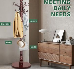 <span class=keywords><strong>Porte</strong></span>-manteau à 14 crochets en <span class=keywords><strong>bois</strong></span> de bouleau naturel massif Support de manteau autoportant classique Base triangulaire robuste pour l'entrée de la salle de bain - Product Image 6