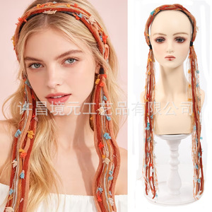 Serre-tête Jingyuan rétro Maillard coloré à longues franges, accessoire de cheveux bohème tressé, cordon en cuir perlé - Product Image 1