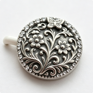 Épinglette circulaire en alliage de zinc plaqué argent avec motif floral en relief et bordure en cristal, objet de collection artistique - Product Image 1