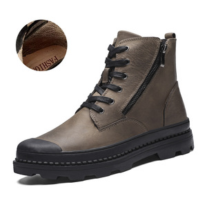 Bottines en cuir noir Martin à bout rond, lacets, fermeture éclair, semelle extérieure en caoutchouc antidérapante, semelle intermédiaire en EVA, toutes saisons - Product Image 1