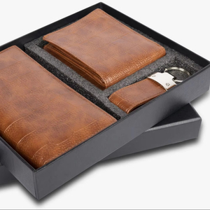 Mens Brown Faux Leather Gift Set Includes <b>Wallet</b> Sunglasses Case Passport <b>Holder</b> And Keychain Luxury Corporate Gifting Box - Product Image 2