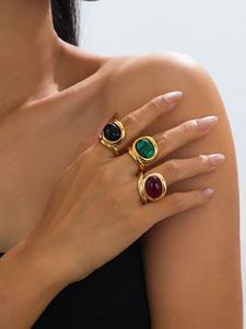 Chunky Thick Red Agate &amp; Vintage Malachite <strong>Statement</strong> <strong>Ring</strong> 18K Gold Plated Stainless Steel Waterproof Band PVD Gold Plated - Product Image 6