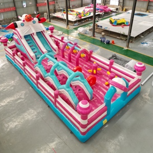 Parc de jeux gonflables géant sur le thème rose, château gonflable commercial avec toboggan et parcours d'obstacles pour fêtes et locations de parcs - Product Image 2
