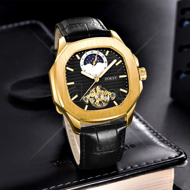 Fashion Genuine Leather Moon Phase China Gold Tourbillon Flying Automatic Movement Wrist Luxury Square Men Mechanical Watch