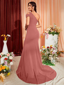 Nueva llegada de un hombro sin espalda ajustado de una manga falda de cola de pez negro elegante vestido de noche vestido de fiesta con tren de barrido - Product Image 6