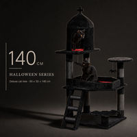 Arbre à chat de luxe pour Halloween, 140 cm, noir, en peluche, multi-niveaux, meuble à gratter pour chats d'intérieur