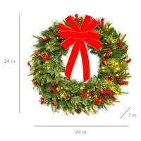 Karangan Bunga Natal LED 24 Inci dengan Kerucut Pinus, Pita Merah, Karangan Bunga Natal Artifisial Mewah