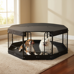 Recinto pieghevole in metallo a 8 pannelli per cani, 24x24 pollici, con copertura, tappetino e borsa per esercizio e addestramento - Product Image 2