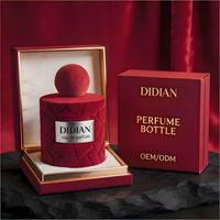 Flacon de parfum en verre rond floqué rouge de luxe personnalisé OEM, rechargeable, 30 ml, 50 ml, 100 ml, avec boîte