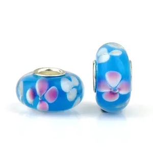 DIY Pan Style Blue Color Large Hole Spacer Charm Pink Flower Glass Bead For Bracelet Jewelry Making