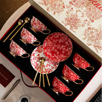 Juego de Taza de Té de Cerámica con Borde Dorado Floral Vintage, Platillo y Cuchara, en Caja de Regalo para Bodas, Hogar, Café, Té de la Tarde