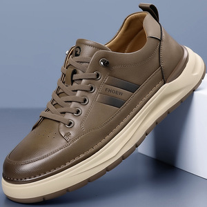 FHOEW Men's Round Toe Genuine <b>Leather</b> Cow <b>Leather</b> Walking Shoes Breathable Solid Color Casual <b>Sneakers</b> for Daily Wear - Product Image 1