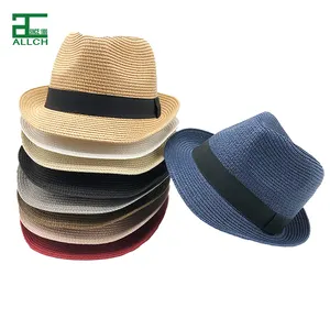 ALLCH özel Unisex kadın erkek yaz Fedora kovboy hasır şapka ile şerit toplu hasır kovboy Trilby şapka