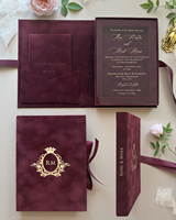 Caja de Invitación de Boda de Terciopelo Borgoña, Monograma Personalizado en Lámina Dorada, Invitación Acrílica, Juego de Papelería de Lujo