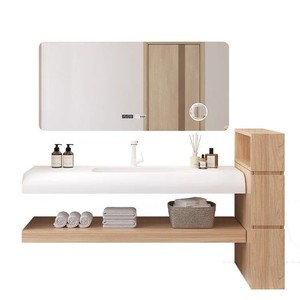 Meuble de salle de bain de luxe en bois massif multicouche avec miroir intelligent, lavabo intégré, finition sans peinture, couleur bois naturel, pour toilettes - Product Image 5
