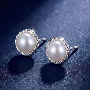 S925 <b>Silver</b> Twisted Rope Halo Pearl <b>Stud</b> Earrings Classic Round Freshwater Pearl Jewelry Elegant Gift for Women Girls - Product Image 4