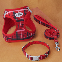 Kit de promenade pour animaux de compagnie classique à motif écossais, harnais de poitrine rembourré réglable pour chien, collier, laisse, ensemble de 3 pièces