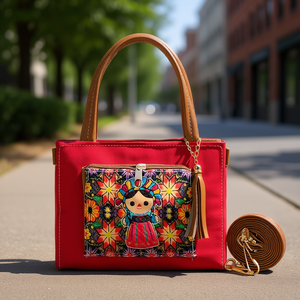 Bolso Bandolera Fana para Mujer, Rojo, Poliéster, Impermeable, Cierre de Cremallera, Diseño Floral, Decoración con Borlas, Estilo Veraniego - Product Image 2