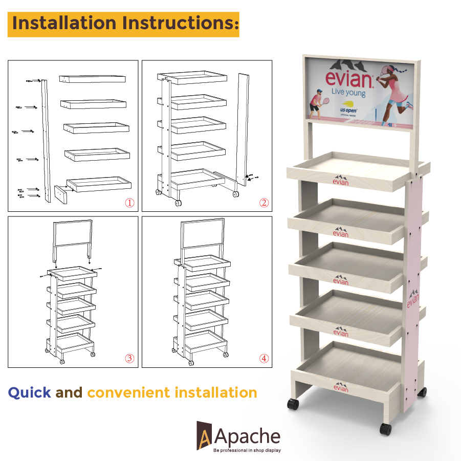 Customized Foldable Wood Five-Tier Floor Stand Mineral Water Beverage Display Rack for Supermarkets and Retail Stores — view 4