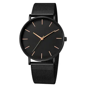 Relojes de pulsera minimalistas de acero inoxidable para hombre, pulsera ultrafina de cuarzo con correa de malla