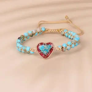 Wholesale High Quality natural stone heart charm attach beads adjustable cord bracelet for Women