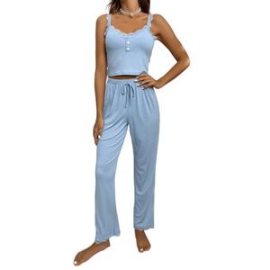 Conjunto Feminino Personalizável de Verão Transfronteiriço Casual de Duas Peças, Roupa de Casa Sexy para Mulheres, Calças de Renda com Alças, Pijama Liso - Product Image 5