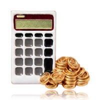 Broche calculatrice avec touches émaillées et empilement de pièces de monnaie dorées pour vestes et revers, 35x36mm, Blanc Noir